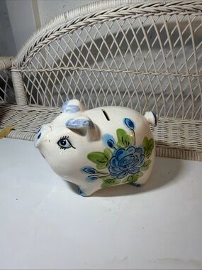 Vintage Ceramic Piggy Bank Hand Painted Blue Floral Pig Coin Bank